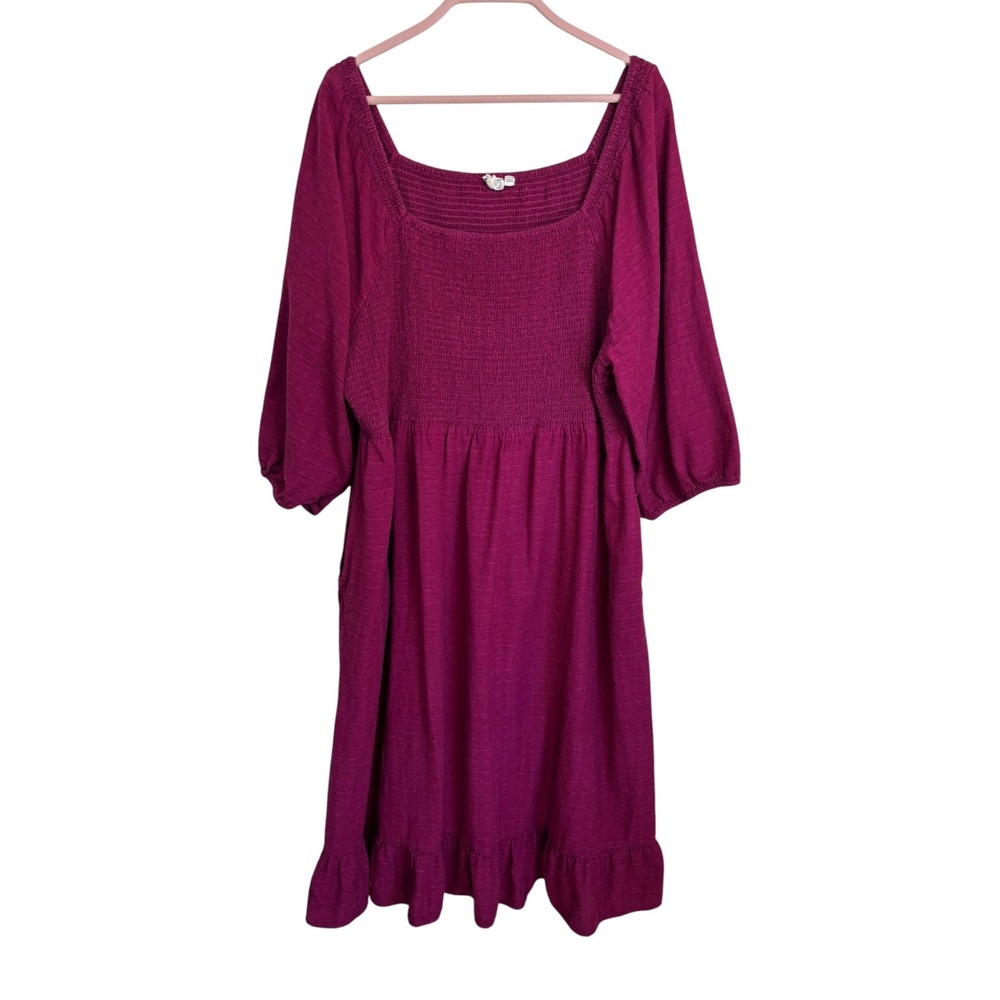 Fat Face Smocked Bodice Linen Blend Midi Dress Sz 18 Square Neck Pockets Ruffle
